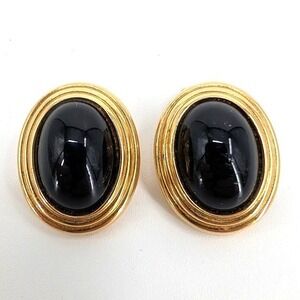 Vintage Christian Dior Black Cabochon Clip Earrings Gold Tone Oval 1980s‎ Signed